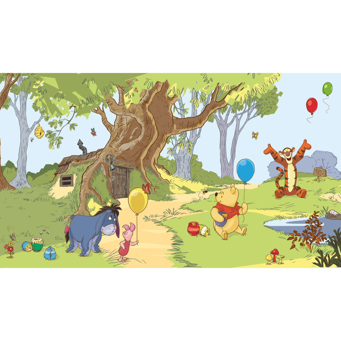 POOH & FRIENDS CHAIR RAIL PREPASTED MURAL 6' X 10.5' - ULTRA-STRIPPABLE