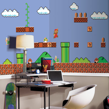 SUPER MARIO RETRO XL CHAIR RAIL PREPASTED MURAL 6' X 10.5' - ULTRA-STRIPPABLE