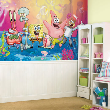 SPONGEBOB SQUAREPANTS XL CHAIR RAIL PREPASTED MURAL 6' X 10.5' - ULTRA-STRIPPABLE