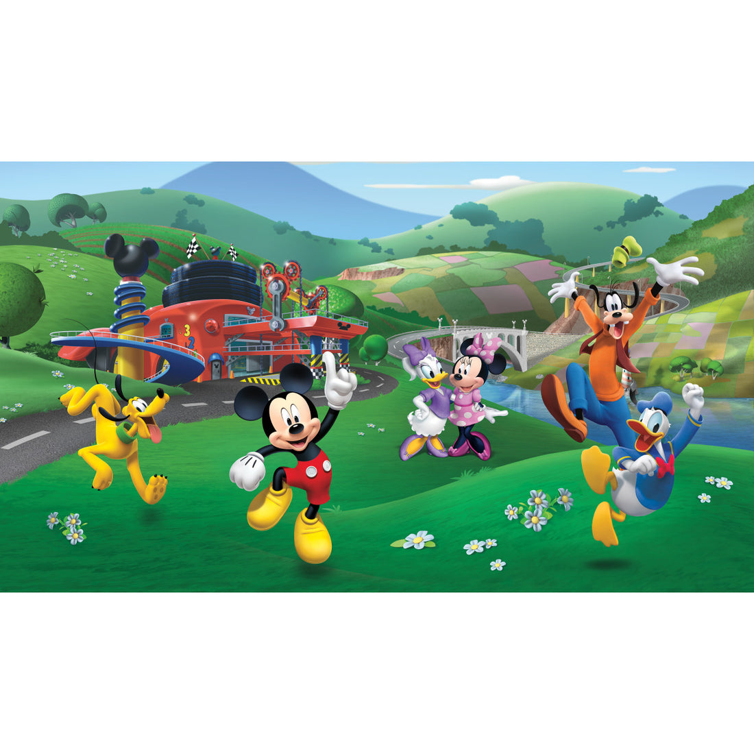 MICKEY AND FRIENDS ROADSTER RACER XL CHAIR RAIL PREPASTED MURAL 6' X 10.5' - ULTRA-STRIPPABLE